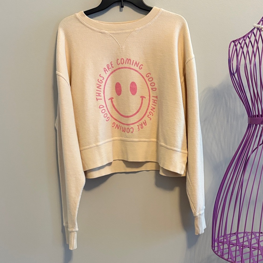 Chicks-D The Lyne Cream Smiley Face Sweatshirt - Picture 1 of 9